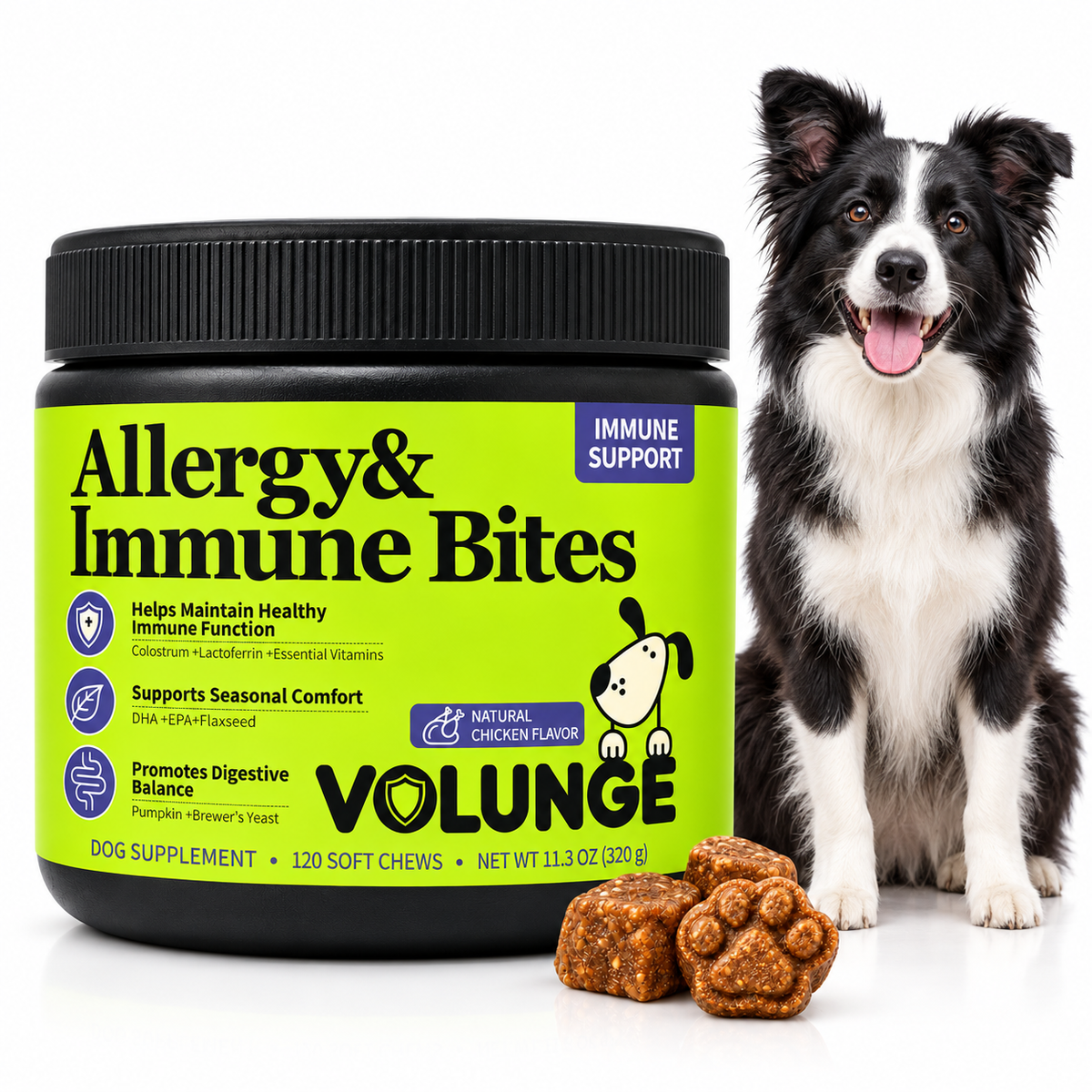 Dog Immune Support Soft Chews, Seasonal Comfort & Digestive Balance Supplement with Colostrum, Fish Oil, Probiotics & Vitamins, Chicken Flavor, 120 Count