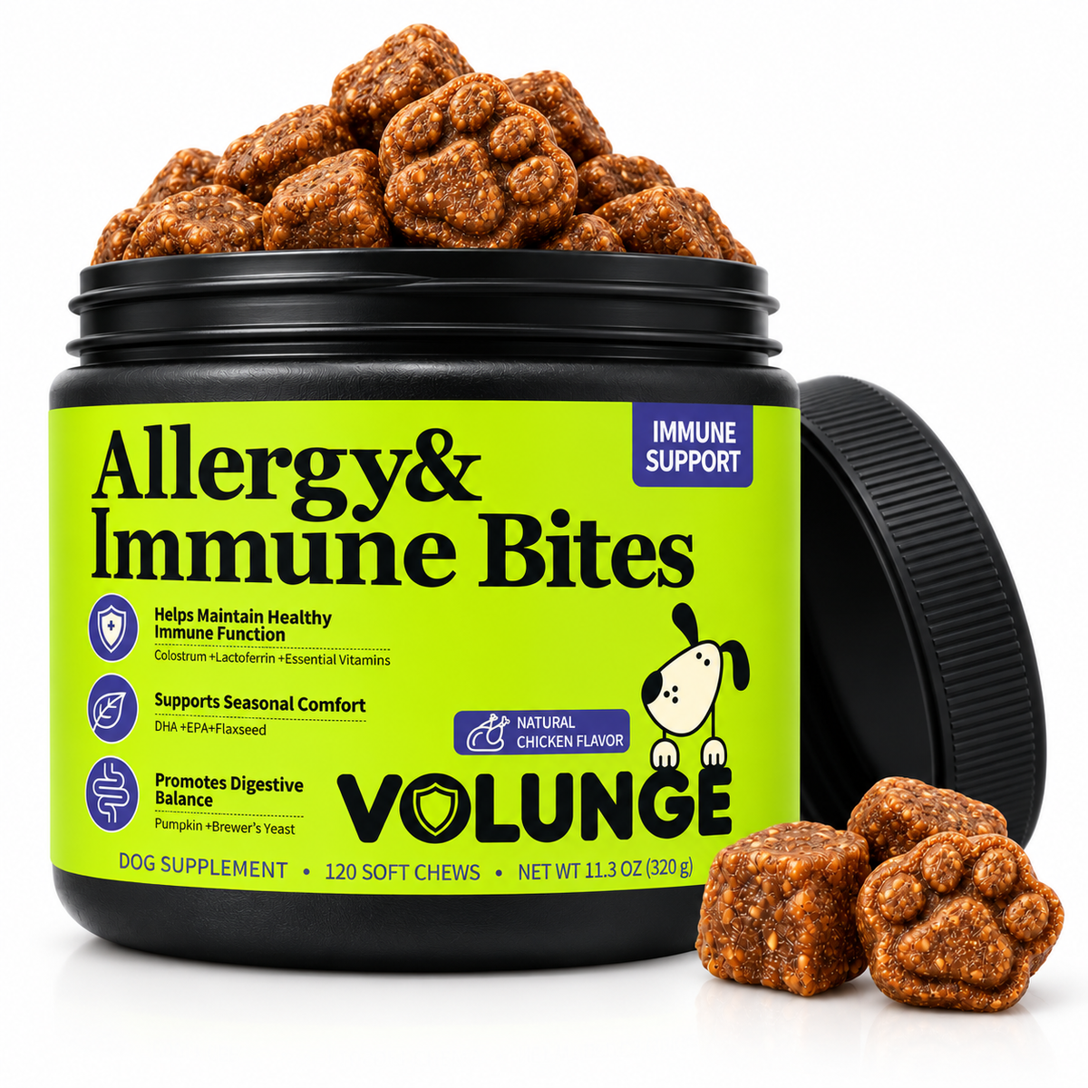 Dog Immune Support Soft Chews, Seasonal Comfort & Digestive Balance Supplement with Colostrum, Fish Oil, Probiotics & Vitamins, Chicken Flavor, 120 Count