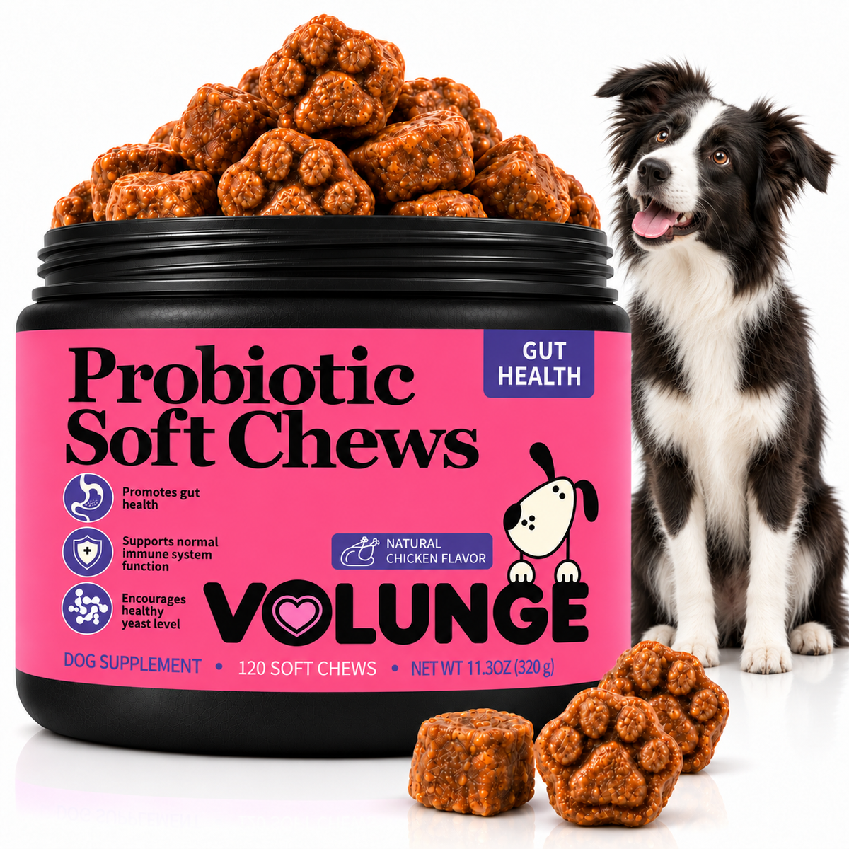 Dog Probiotic Soft Chews, Gut Health & Digestive Support Supplement with Probiotics, Pumpkin, Brewer's Yeast & Colostrum, Healthy Stool Support, Chicken Flavor, 120 Count