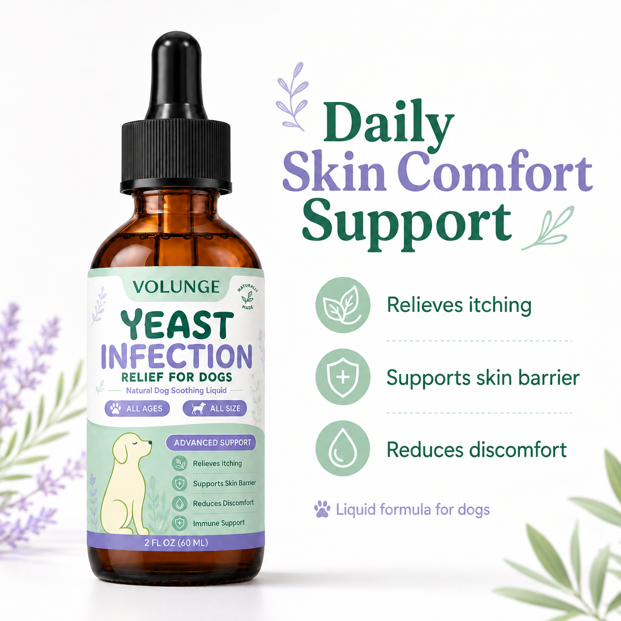Dog Skin & Coat Support Liquid Supplement, Daily Itch Comfort Care Formula, Soothing Herbal Blend for Dogs of All Ages, 60ml