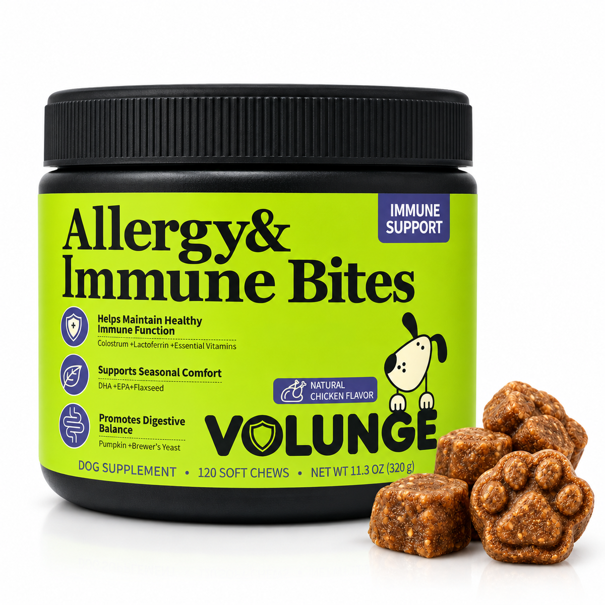 Dog Immune Support Soft Chews, Seasonal Comfort & Digestive Balance Supplement with Colostrum, Fish Oil, Probiotics & Vitamins, Chicken Flavor, 120 Count
