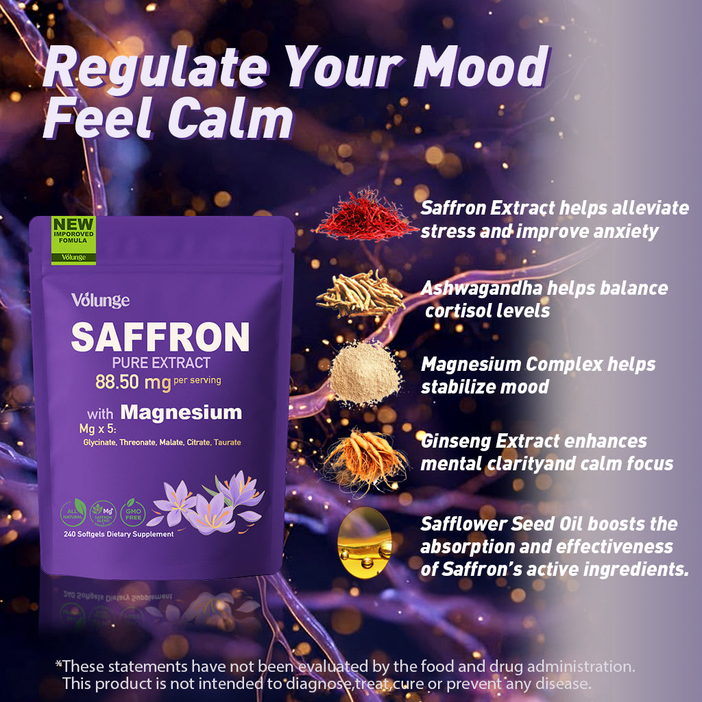 Volunge Saffron Pure Extract — Energy, Mood & Daily Drive Support with 88.5mg Saffron + 5-Magnesium Complex • Vegan • 240 Softgels