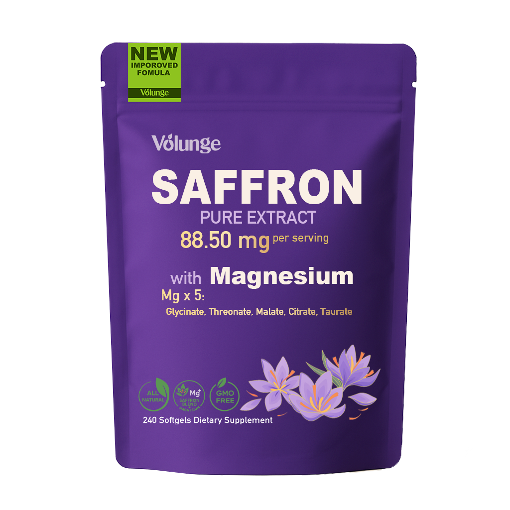 Volunge Saffron Pure Extract — Energy, Mood & Daily Drive Support with 88.5mg Saffron + 5-Magnesium Complex • Vegan • 240 Softgels