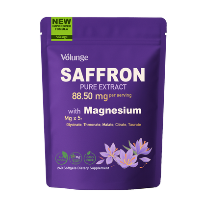 Volunge Saffron Pure Extract — Energy, Mood & Daily Drive Support with 88.5mg Saffron + 5-Magnesium Complex • Vegan • 240 Softgels