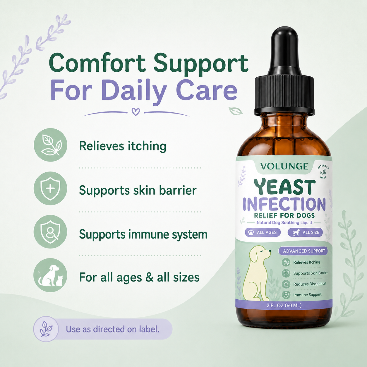 Dog Skin & Coat Support Liquid Supplement, Daily Itch Comfort Care Formula, Soothing Herbal Blend for Dogs of All Ages, 60ml