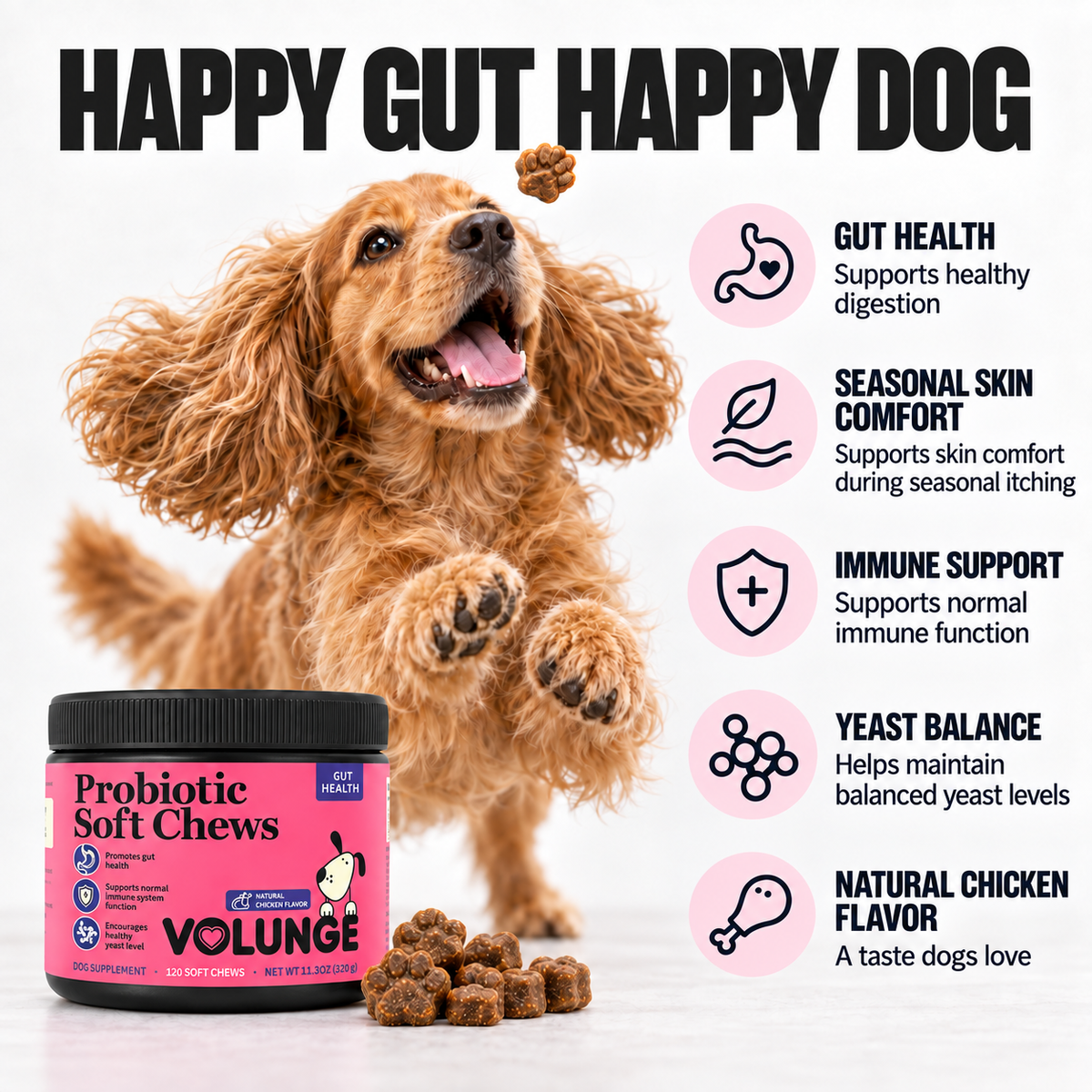 Dog Probiotic Soft Chews, Gut Health & Digestive Support Supplement with Probiotics, Pumpkin, Brewer's Yeast & Colostrum, Healthy Stool Support, Chicken Flavor, 120 Count