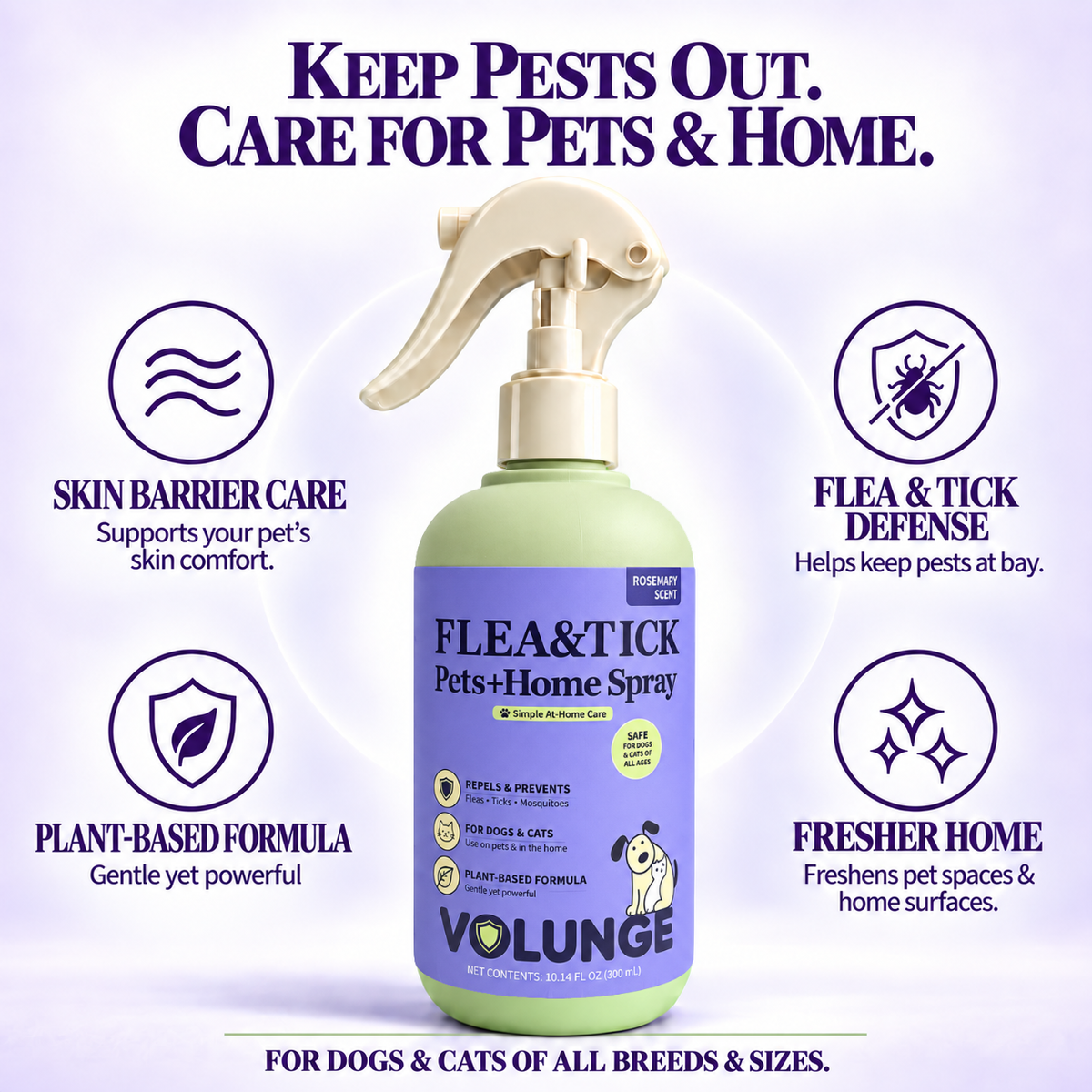 300ml Pet Flea & Tick Care Spray for Dogs & Cats, Rosemary-Scented Grooming Mist with Botanical Extracts, Daily Coat Refresh & Seasonal Pest Care