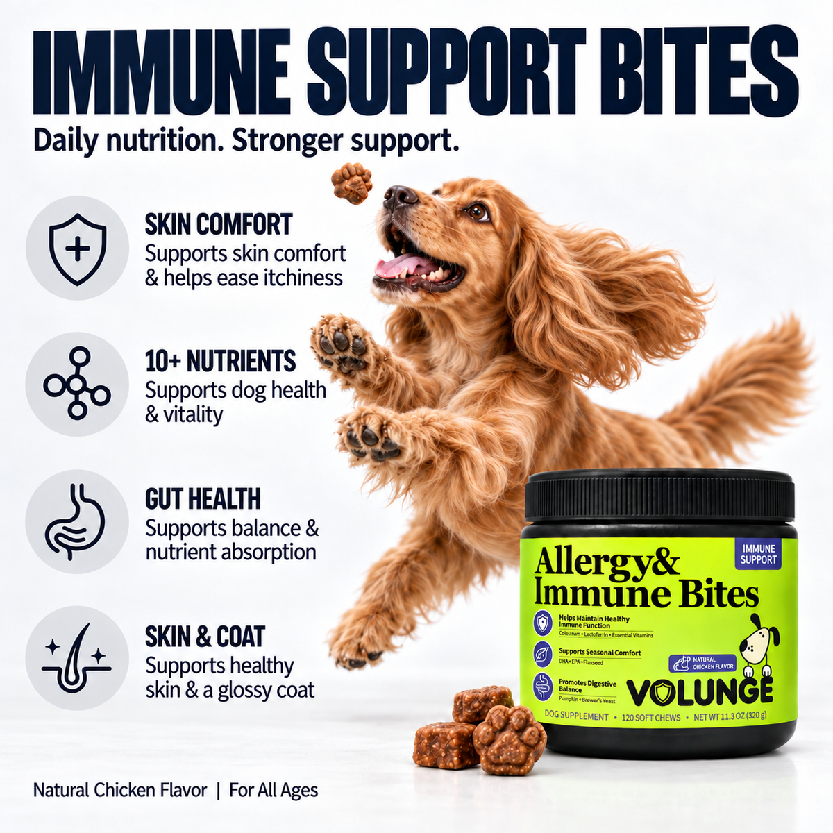 Dog Immune Support Soft Chews, Seasonal Comfort & Digestive Balance Supplement with Colostrum, Fish Oil, Probiotics & Vitamins, Chicken Flavor, 120 Count
