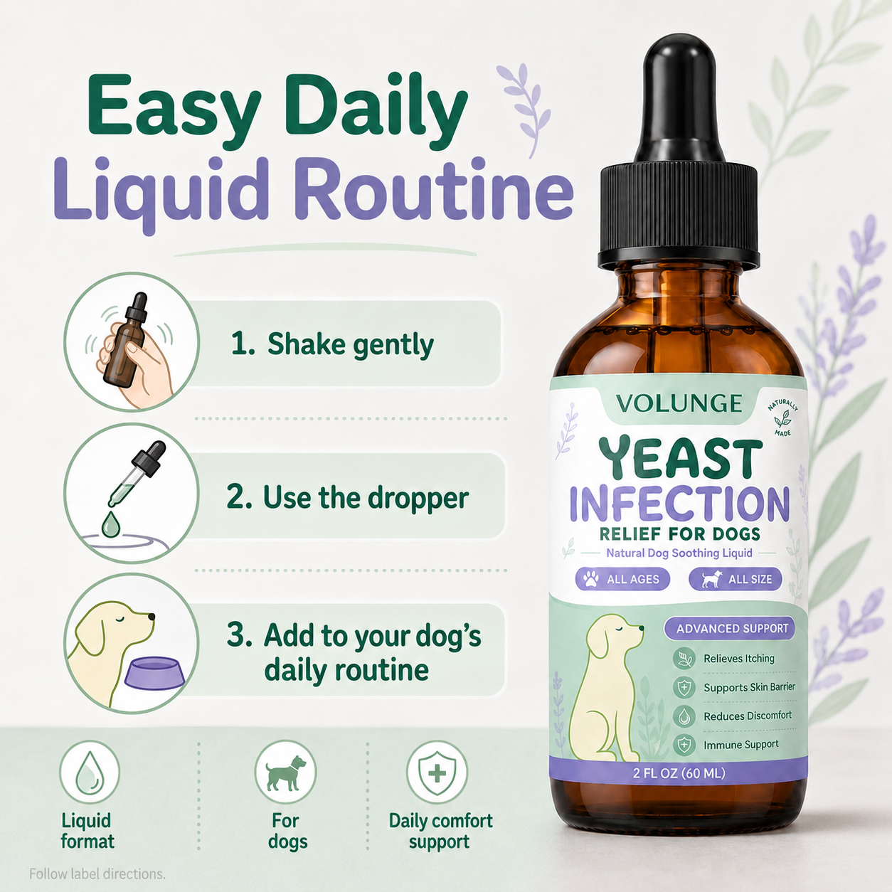 Dog Skin & Coat Support Liquid Supplement, Daily Itch Comfort Care Formula, Soothing Herbal Blend for Dogs of All Ages, 60ml