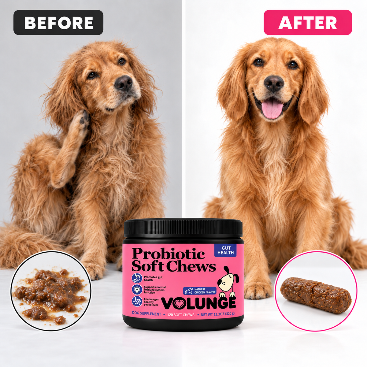 Dog Probiotic Soft Chews, Gut Health & Digestive Support Supplement with Probiotics, Pumpkin, Brewer's Yeast & Colostrum, Healthy Stool Support, Chicken Flavor, 120 Count