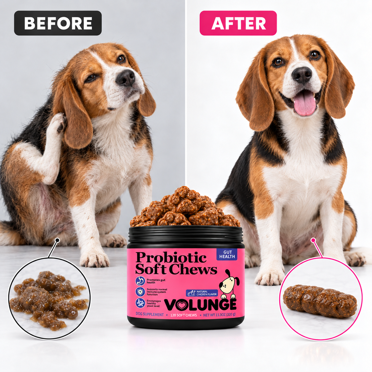 Dog Probiotic Soft Chews, Gut Health & Digestive Support Supplement with Probiotics, Pumpkin, Brewer's Yeast & Colostrum, Healthy Stool Support, Chicken Flavor, 120 Count