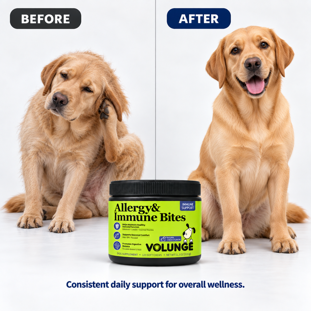 Dog Immune Support Soft Chews, Seasonal Comfort & Digestive Balance Supplement with Colostrum, Fish Oil, Probiotics & Vitamins, Chicken Flavor, 120 Count
