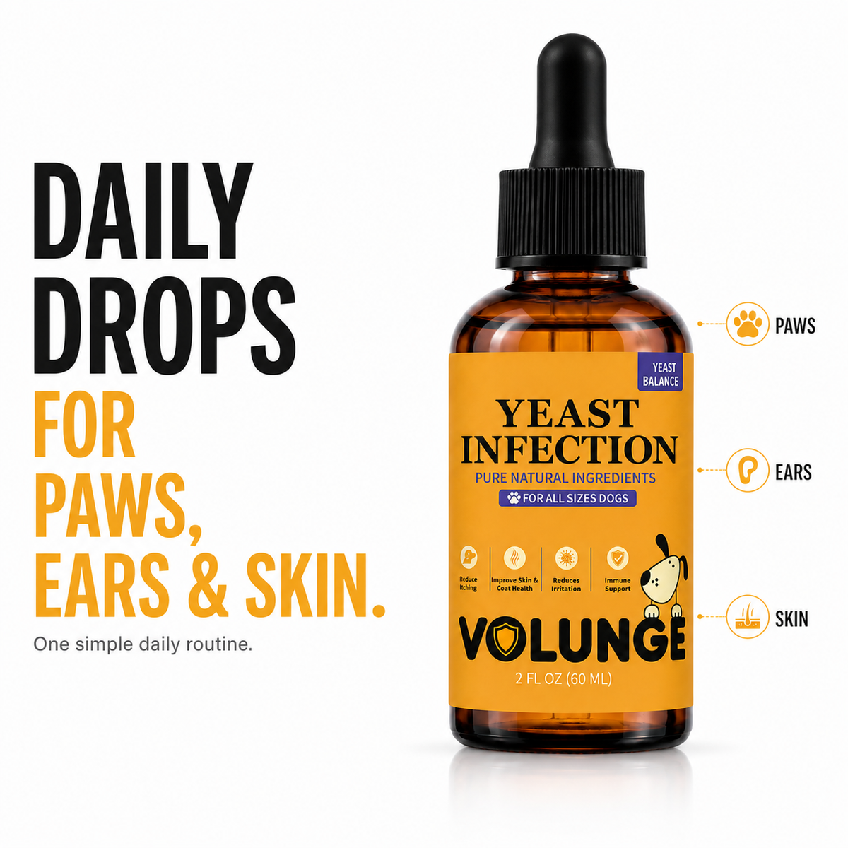 VOLUNGE Daily Drops for Itchy Dogs | Paws, Ears & Skin Support