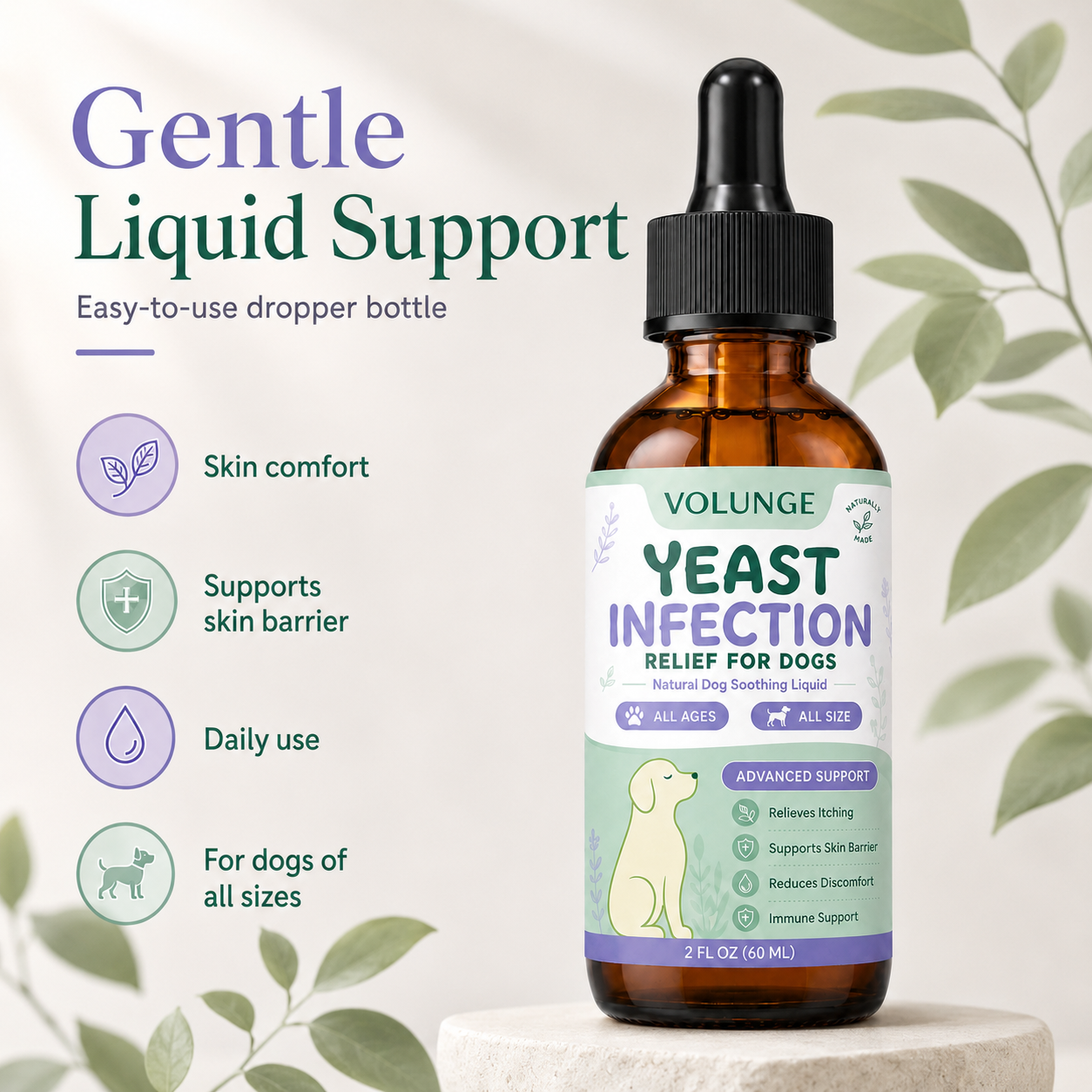 Dog Skin & Coat Support Liquid Supplement, Daily Itch Comfort Care Formula, Soothing Herbal Blend for Dogs of All Ages, 60ml