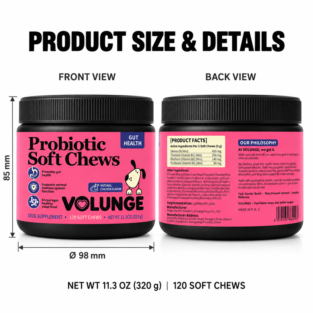 Dog Probiotic Soft Chews, Gut Health & Digestive Support Supplement with Probiotics, Pumpkin, Brewer's Yeast & Colostrum, Healthy Stool Support, Chicken Flavor, 120 Count