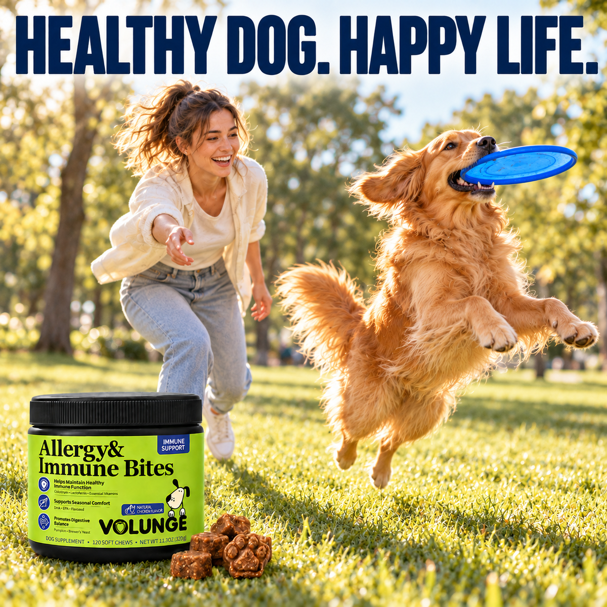 Dog Immune Support Soft Chews, Seasonal Comfort & Digestive Balance Supplement with Colostrum, Fish Oil, Probiotics & Vitamins, Chicken Flavor, 120 Count
