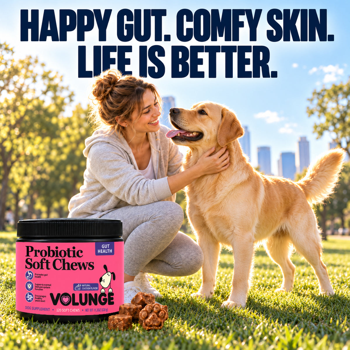 Dog Probiotic Soft Chews, Gut Health & Digestive Support Supplement with Probiotics, Pumpkin, Brewer's Yeast & Colostrum, Healthy Stool Support, Chicken Flavor, 120 Count