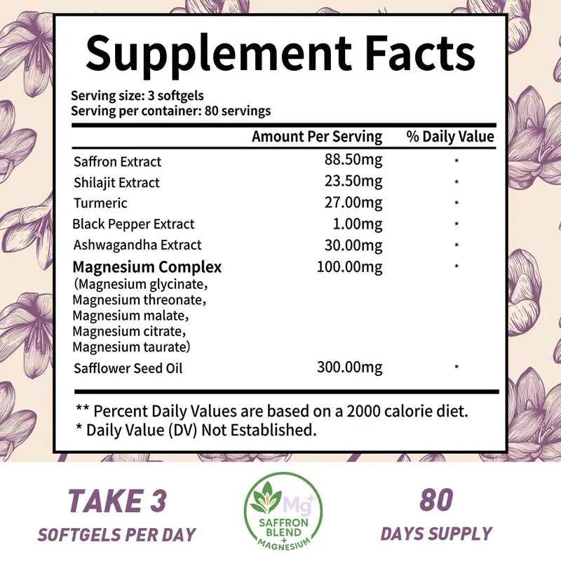 Volunge Saffron Pure Extract — Energy, Mood & Daily Drive Support with 88.5mg Saffron + 5-Magnesium Complex • Vegan • 240 Softgels