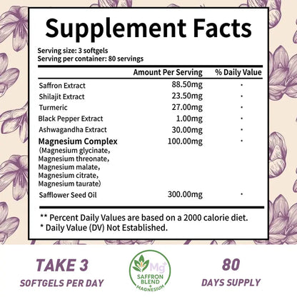 Volunge Saffron Pure Extract — Energy, Mood & Daily Drive Support with 88.5mg Saffron + 5-Magnesium Complex • Vegan • 240 Softgels