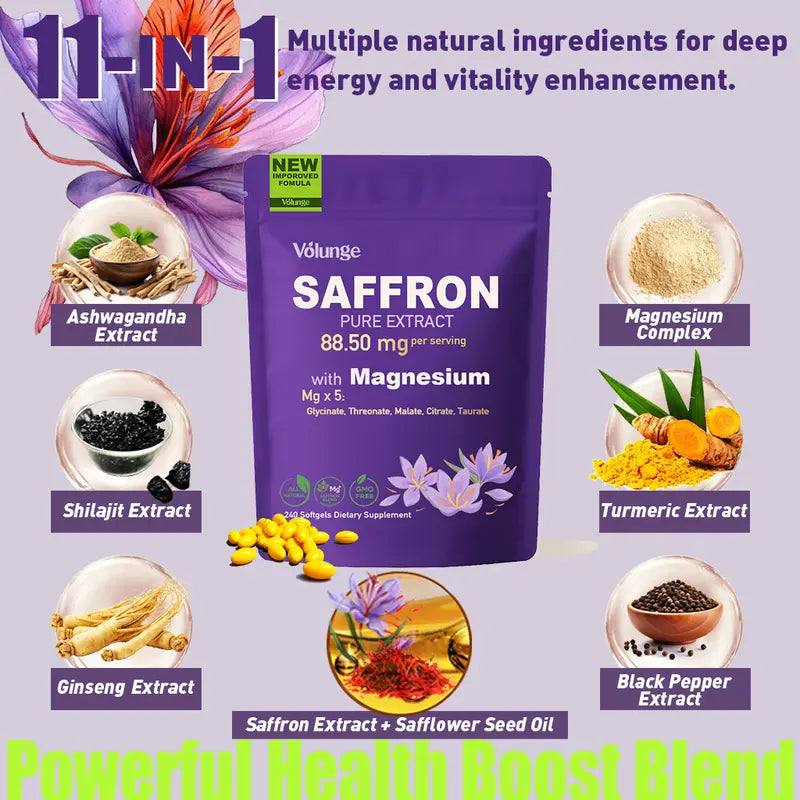 Volunge Saffron Pure Extract — Energy, Mood & Daily Drive Support with 88.5mg Saffron + 5-Magnesium Complex • Vegan • 240 Softgels