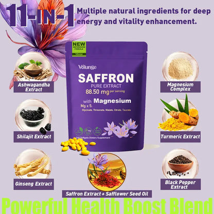 Volunge Saffron Pure Extract — Energy, Mood & Daily Drive Support with 88.5mg Saffron + 5-Magnesium Complex • Vegan • 240 Softgels